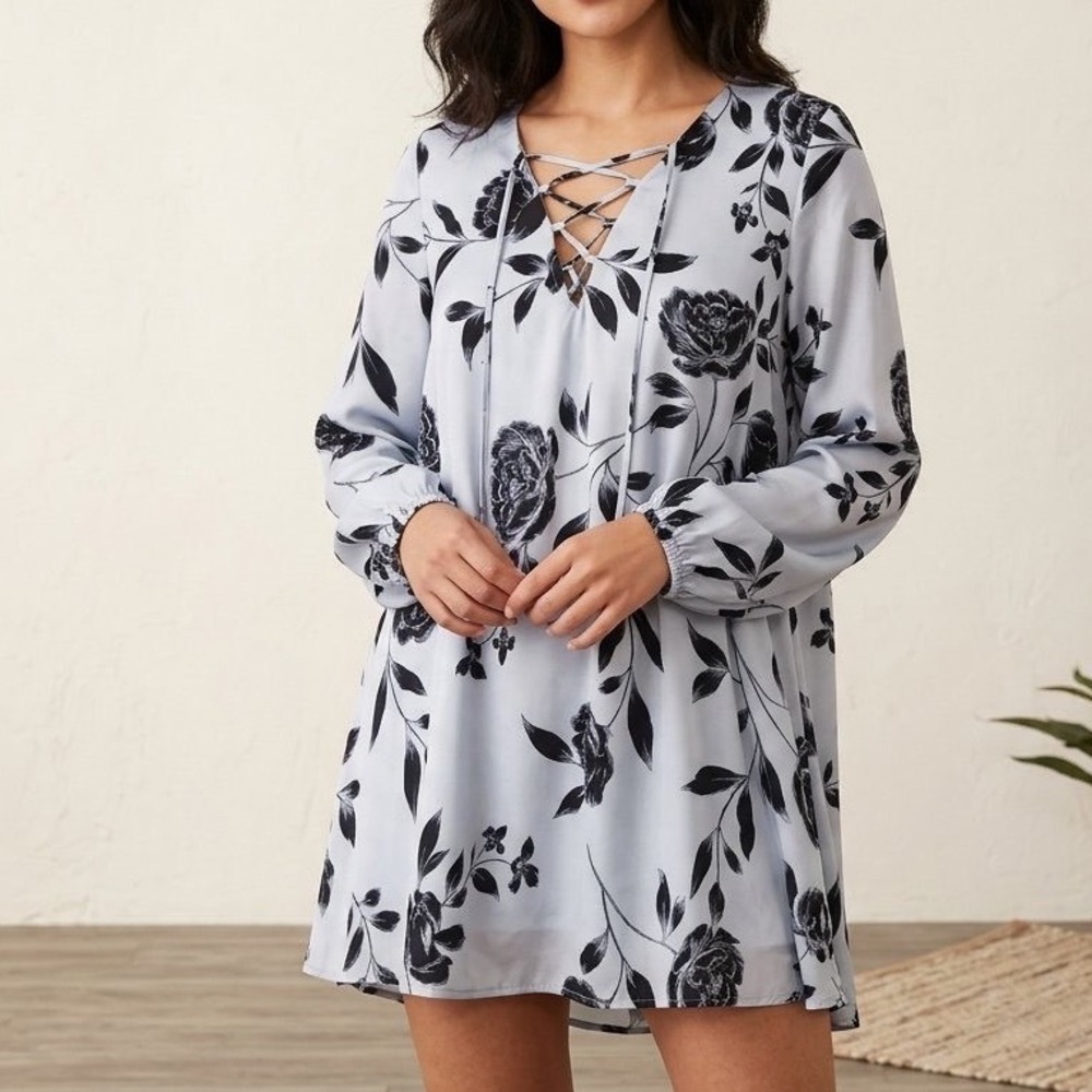 Show Me Your Mumu Womens Blue Floral Lace Up V-Neck Garden Party mini Dress M